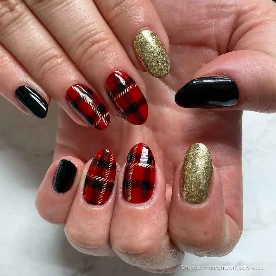 Red and black buffalo plaid Christmas nails with gold glitter accent nails