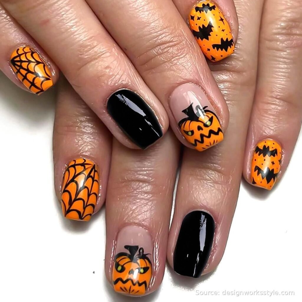 Orange Halloween nail set with jack-o-lantern faces, spiderwebs and black accents
