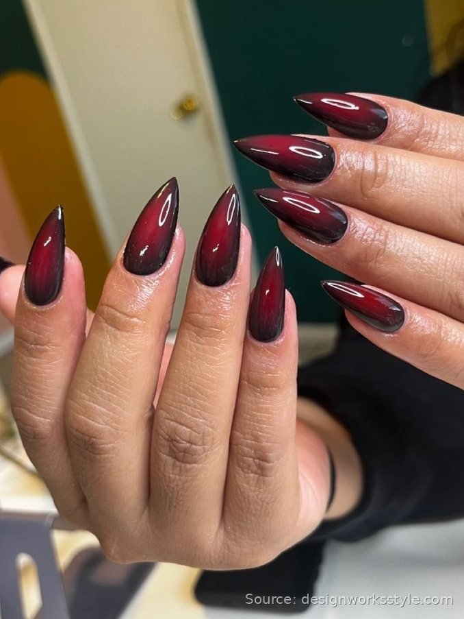 Red to black ombre fall nails on almond nails