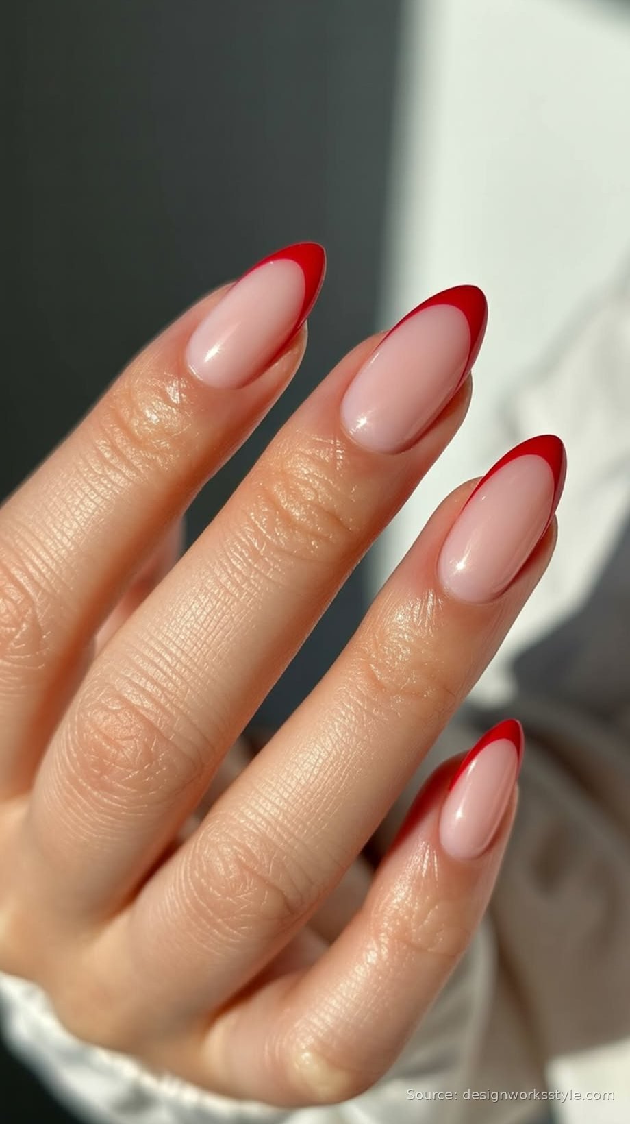 Red French tip fall nails on nude almond nails