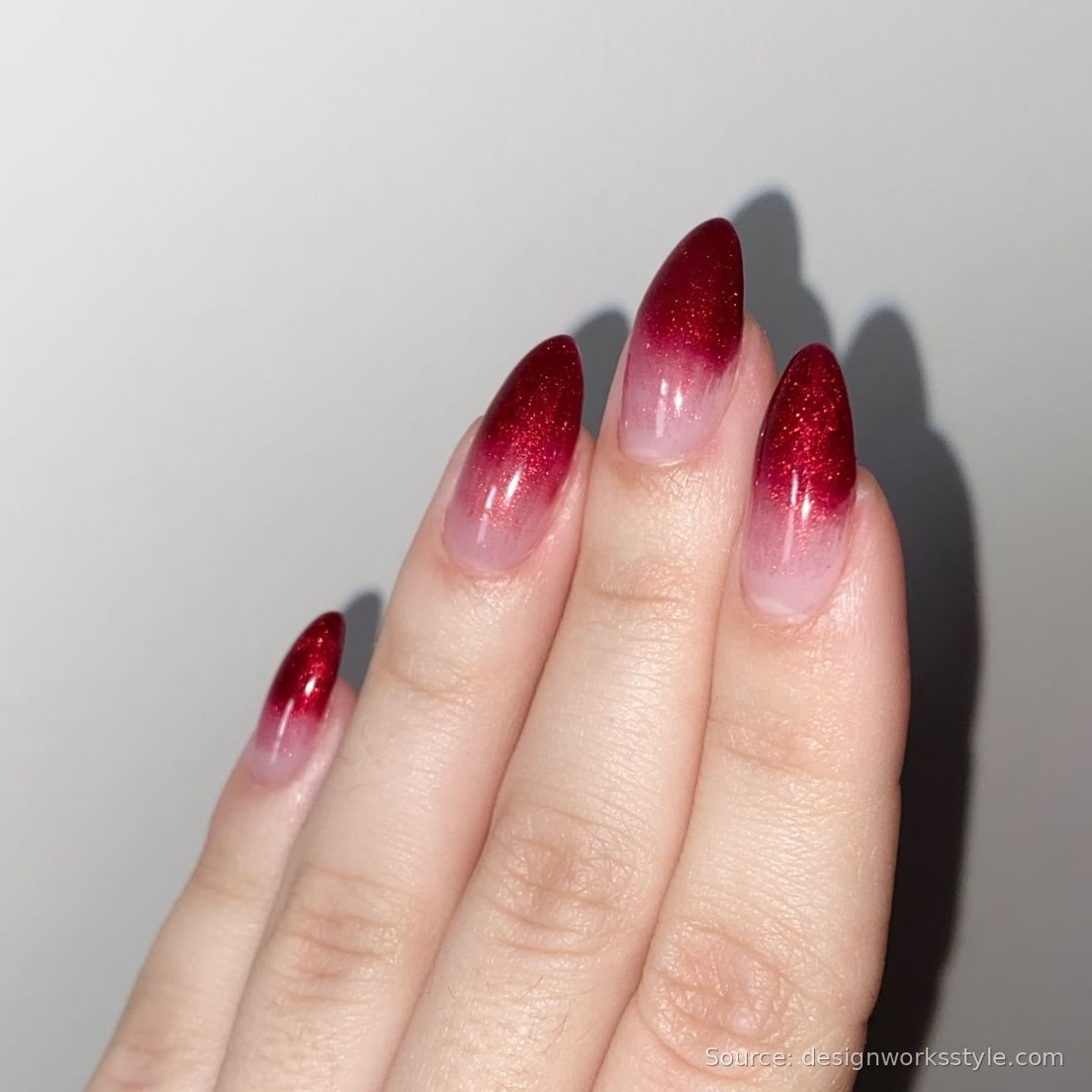 Red glitter fade ombre fall nails on almond shape