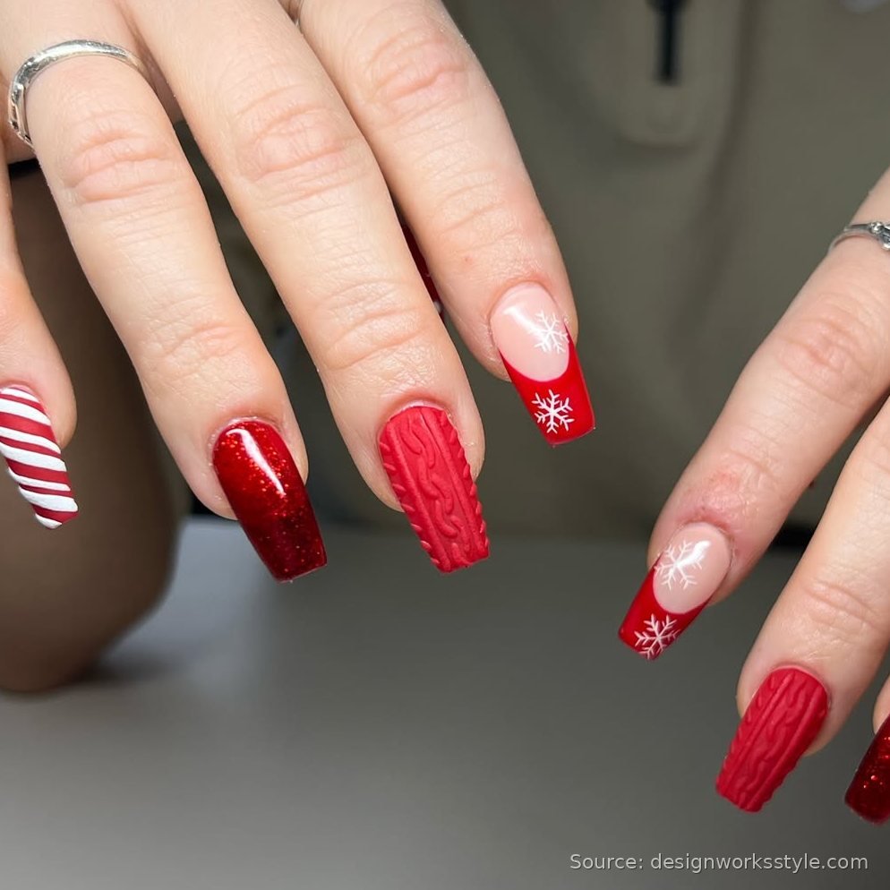 Red Christmas nails with cable knit sweater texture, candy cane stripes and snowflakes