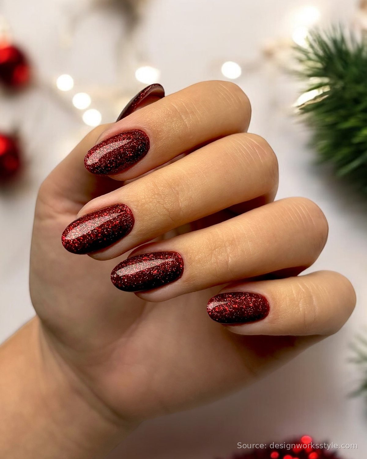 Deep red velvet glitter Christmas nails on oval shape