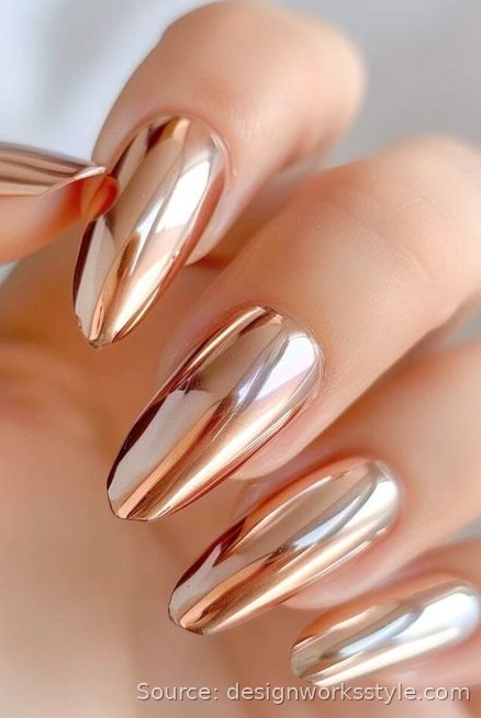 Rose gold chrome nails with a metallic mirror shine