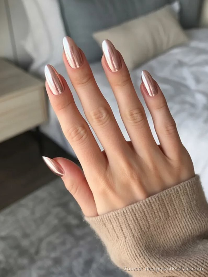 Rose gold chrome nails on almond shape for New Year's Eve