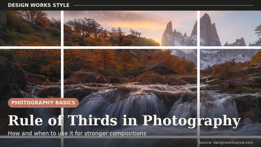 Landscape photo with rule-of-thirds grid overlay, mountains and waterfall at sunset