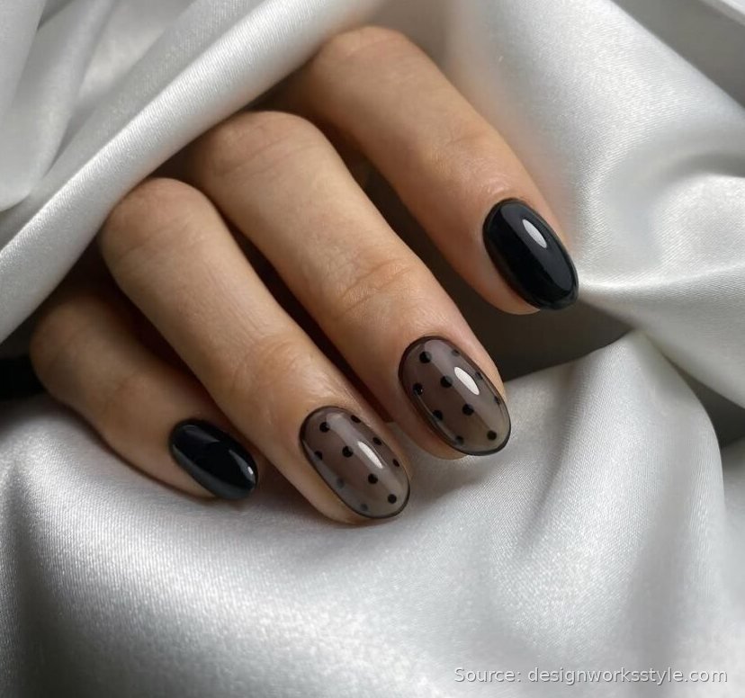 Sheer black jelly nails with tiny black dot accents