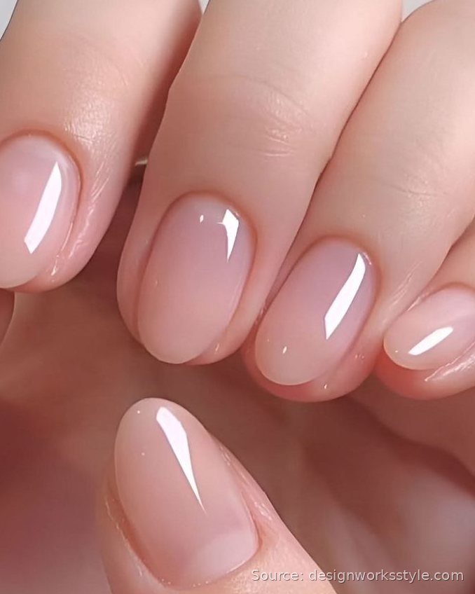 Sheer nude wash manicure on short natural nails