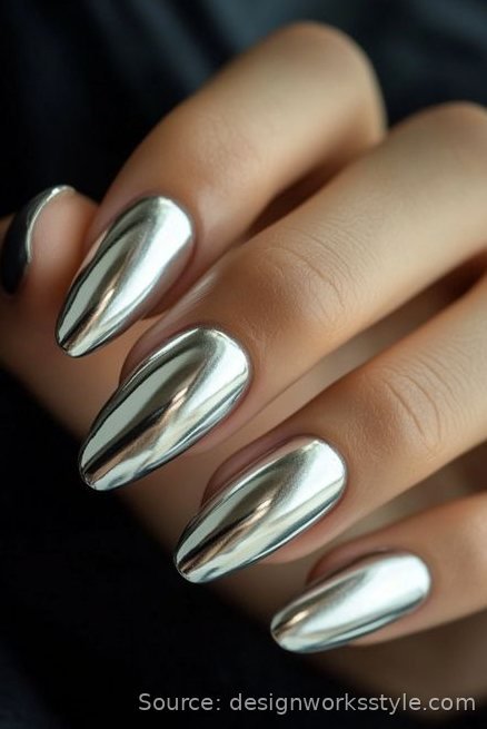 Silver mirror chrome nails on almond shape for New Year's Eve