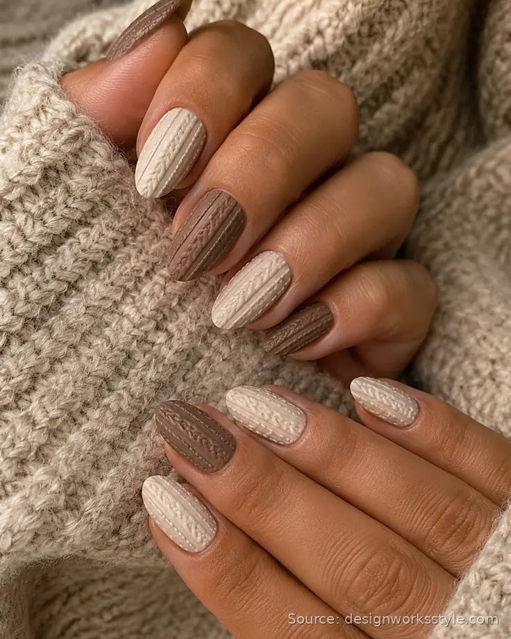 Cream cable knit sweater texture fall nails with cozy sweater cuffs