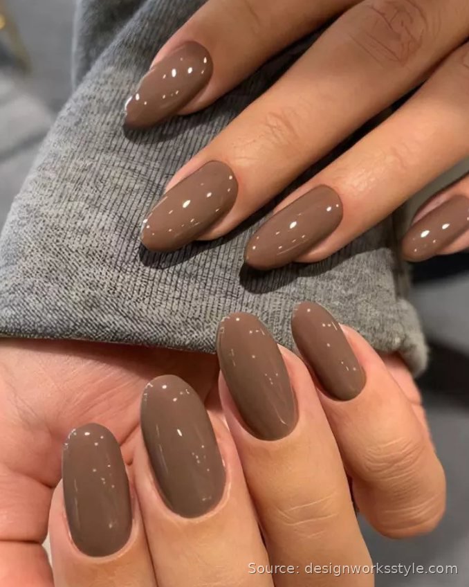 Taupe brown manicure on almond shaped nails