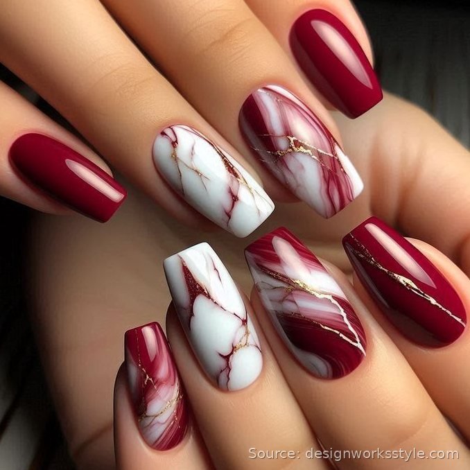 Wine red marble fall nails with gold veining