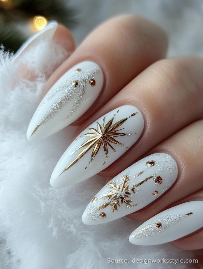 Winter white Christmas nails with gold star and snowflake art and glitter
